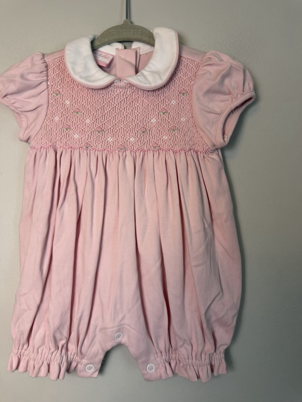 Petit Bebe Light Pink Hand Smocked Peter Pan Collared Bubble 0-3 Mos Pima Cotton